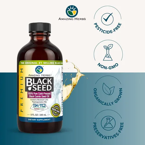 Vista 3 de Amazing Herbs Aceite de semilla negra de alta calidad, sin gluten, sin OMG, prensado en frío, Nigella sativa ayuda a la salud digestiva, apoyo
