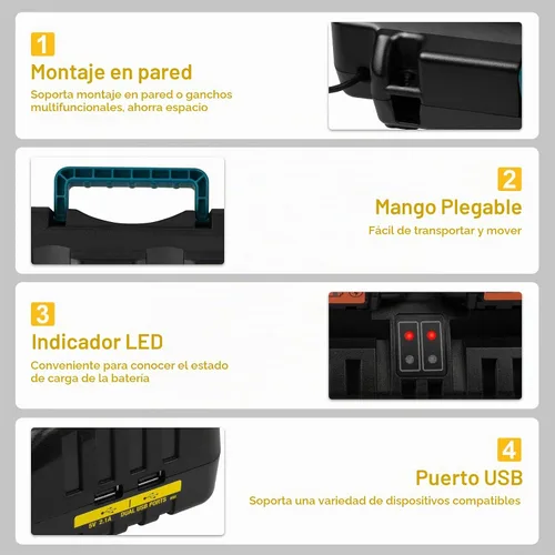 Vista 4 de PENGJBATTER DCB104 Cargador rápido de 4 puertos con puerto USB compatible con DeWalt 20V/60V Max Batería DCB206 DCB208 DCB205 DCB606 DCB609Y DCB612