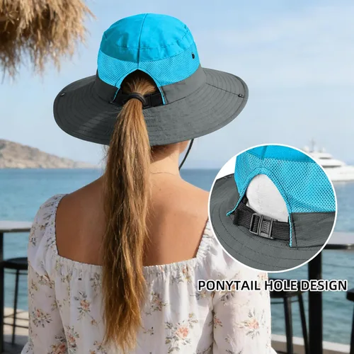 Vista 38 de Rosoz Sombreros de cola de caballo para mujer, protección UV, ala ancha 1 paquete-negro