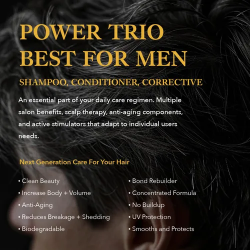Vista 2 de Crecimiento del cabello para hombres. Champú profesional, acondicionador y tratamiento tópico correctivo diario. Cabello saludable, salud del cuero
