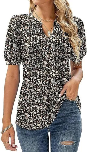 Vista 15 de Camisetas de verano con cuello en V para mujer, de manga corta, estilo casual, a la moda Negro