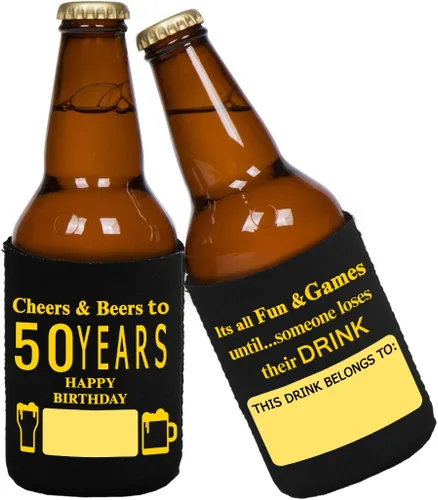 Vista 3 de Yangmics Direct Paquete de 12 fundas para enfriar latas de cumpleaños número 50, suministros para fiesta de cumpleaños de 50 años, color negro