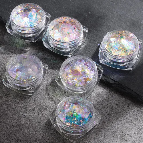 Vista 7 de Polvo de uñas cromado iridiscente, 6 cajas de copos de ópalo de fuego de cristal para arte de uñas, lentejuelas holográficas de sirena con purpurina