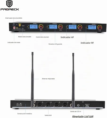 Vista 3 de PRORECK MX44 Sistema de micrófono inalámbrico UHF de 4 canales con 4 micrófonos de mano Máquina de karaoke
