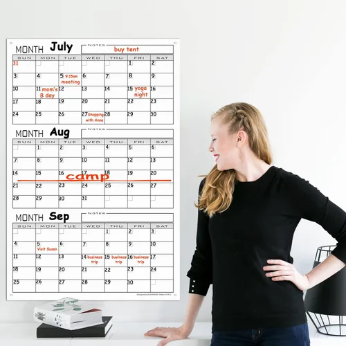 Vista 7 de Calendario grande de borrado en seco de 3 meses para pared, 36 x 24 pulgadas, calendario de pizarra blanca de tres meses sin fecha para oficina