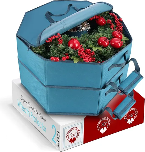 Vista 10 de Contenedor para guardar coronas - Bolsa de almacenamiento para coronas de Navidad de carcasa dura con bolsillos interiores, doble cremallera y asas