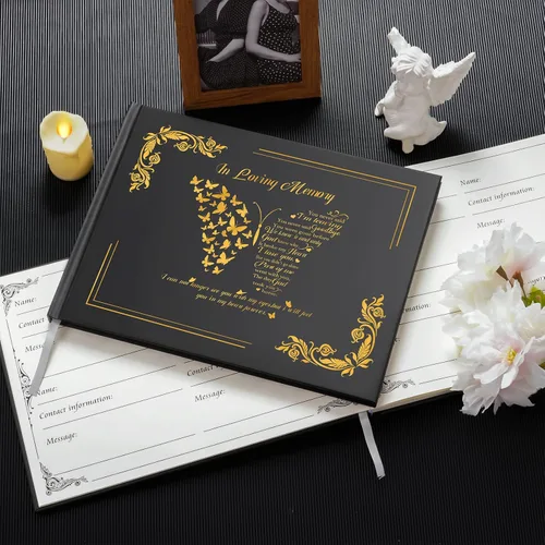 Vista 6 de SOITIS Libro de invitados funeral para servicio conmemorativo Celebración de la vida, libro de memoria con decoración, tapa dura, recuerdos