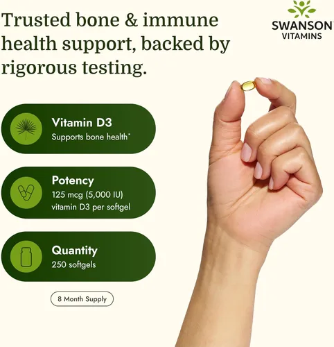 Vista 3 de Swanson Vitamina D3 Suplemento de salud ósea, inmune y cardíaca de 5,000 UI para adultos privados de sol que buscan apoyo óseo, inmunológico