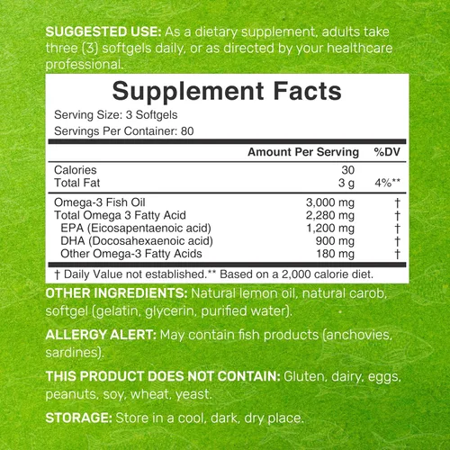Vista 2 de DEAL SUPPLEMENT Suplementos de Aceite de Pescado Omega 3, 3,000mg por Porción, 240 Cápsulas Blandas – EPA 1,200mg + DHA 900mg – Píldoras sin