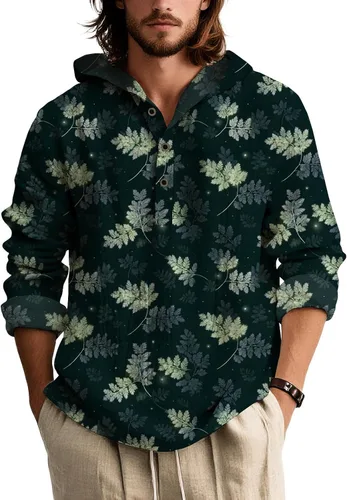 Vista 16 de Sudadera con capucha con estampado bohemio para hombre, de otoño, a la moda, con un cuarto de botón, manga larga, holgada, con capucha, de gran