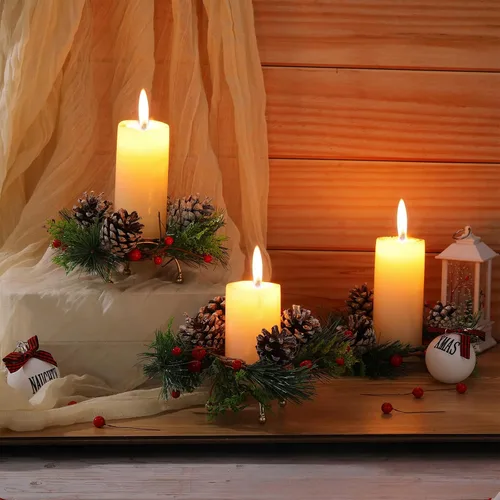 Vista 5 de 12 Piezas Portavelas de Corona de Navidad Incluyen 6 Pzas Anillo de Vela Votiva con Bayas con Piñas y 6 Pzas Portavelas de Metal para Decoración