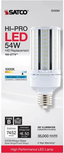 Vista 4 de Satco Bombillas LED HID de repuesto de mazorca de maíz de 54 W, 5000 K, base Mogul extendida, derivación de balasto tipo B, paquete de 2