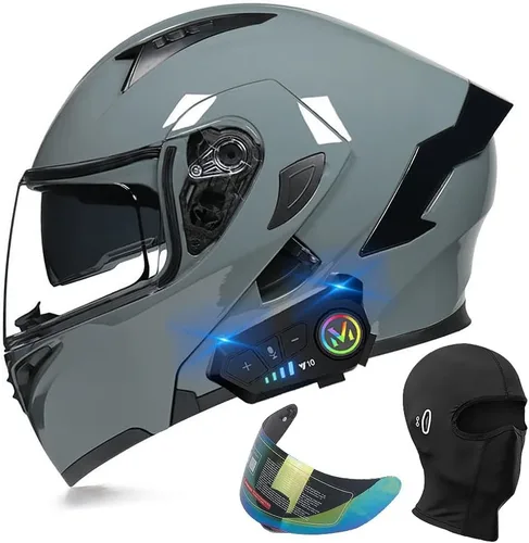 Vista 21 de Casco de motocicleta modular con Bluetooth, aprobado por DOT, casco de cara completa abatible, con visera doble, altavoces duales y micrófono