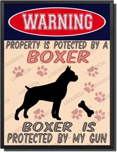Vista 34 de LIUAXICIA Letreros divertidos de metal con texto en inglés "Warning Property is Potected by A American Bulldog is Protected by My Gun" The Coffee