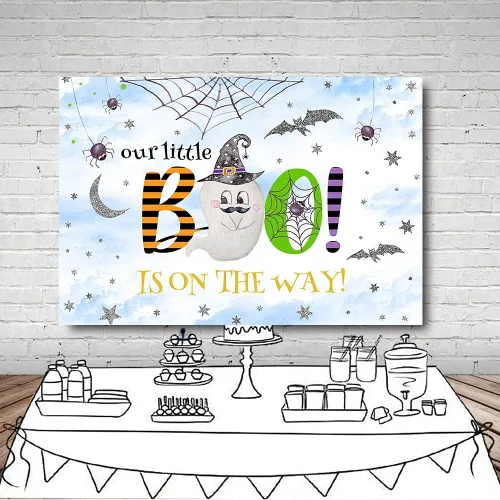 Vista 6 de MEHOFOND Fondo de Halloween de 7 x 5 pies para baby shower, fondo azul y plateado para fiesta de otoño, decoración de mesa, suministros