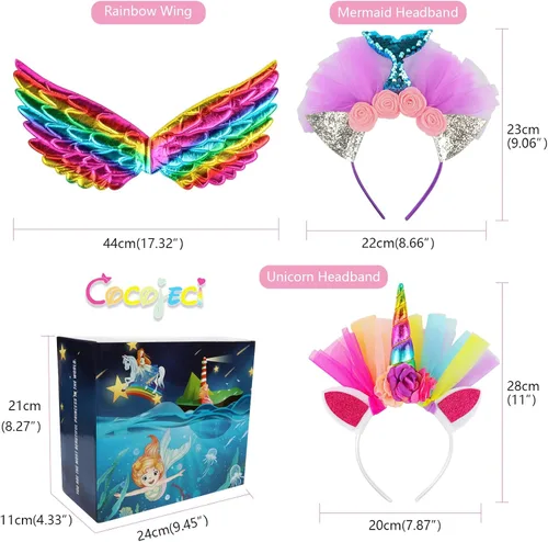 Vista 6 de Cocojeci 5 tutú de arcoíris en capas con ala de unicornio, diadema de sirena de unicornio, regalo para niñas