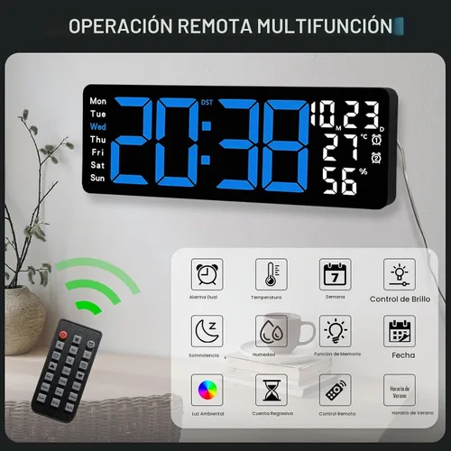 Vista 4 de JoFomp Reloj de pared digital grande de 17.3 pulgadas, reloj digital LED con control remoto, reloj despertador con Azul