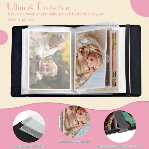 Vista 3 de Álbum de fotos de 4 x 6 pulgadas, capacidad para 60 fotos, cubierta de piel sintética, álbum de fotos con banda elástica fuerte, álbum de fotos