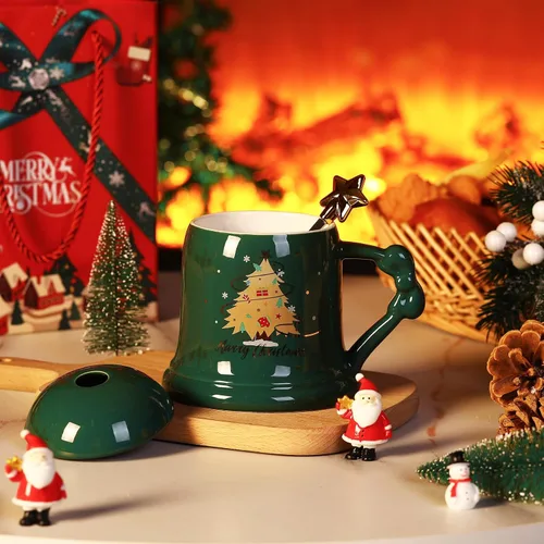 Vista 2 de Sliner Taza de Navidad de Cerámica Feliz Navidad Taza de Árbol de Navidad con Cuchara de Estrella y Tapa Taza de Santa para Regalos de Navidad
