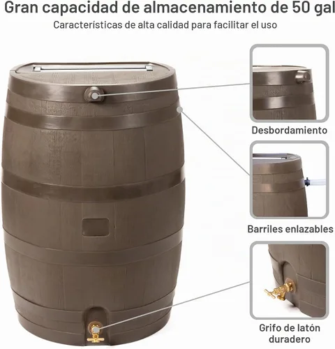 Vista 4 de RTS Home Accents Barril de lluvia de 50 galones con kit de enlace, barril de recolección de agua de lluvia de respaldo plano, kit de eslabones