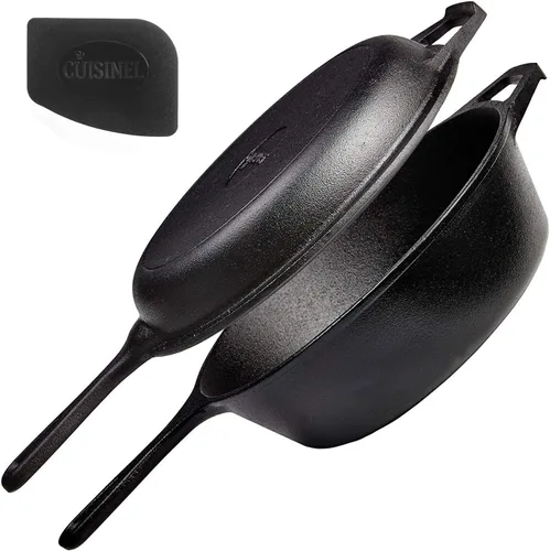 Vista 11 de Cuisinel Horno Holandés de Hierro Fundido - Olla Profunda de 3 Cuartos - Multicocina 2 en 1 Presazonada - Tapa Combinada que Funciona como Sartén