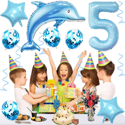 Vista 5 de Globos de cumpleaños de 5º delfín, globo gigante de papel de aluminio de delfín número 5, globos de Mylar de animales del océano para suministros