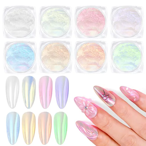 Vista 12 de Polvo de uñas cromado dorado LEDSUUEI Super Mirror Nail Glitter, polvo de metal Holo cromo para uñas, pigmento blanco aurora, dona vidriosa perla