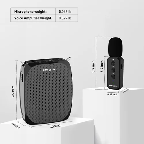 Vista 5 de ZOWEETEK Amplificador de Voz con Micrófono Inalámbrico de Solapa Lavalier para Maestros, Nuevo Sistema de Micrófono Personal 2025, Altavoz Portátil