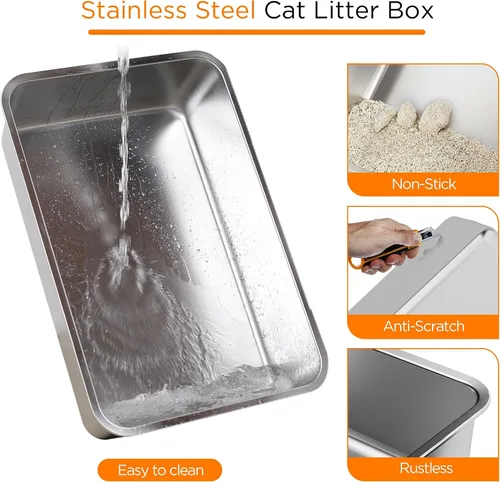 Vista 2 de Citylife Caja de Arena para Gatos de Acero Inoxidable con Tapa, XL Extra Grande Cerrada Removible Caja de Arena de Metal con Pala para Arena