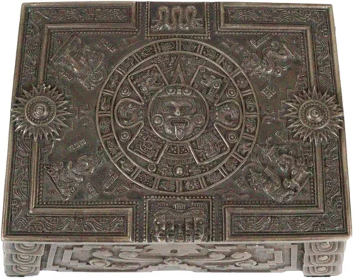Vista 6 de Ebros - Joyero azteca mesoamericano mesoamericano, 5.75 pulgadas de largo, decoración de Dios del Sol