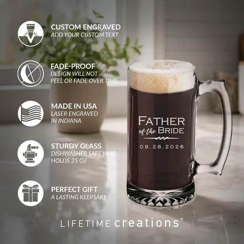 Vista 3 de Lifetime Creations Taza de cerveza personalizada grabada con el padre de la novia, 25 onzas, regalo de boda para papá, apto para lavavajillas