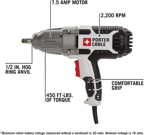 Vista 3 de PORTER-CABLE Llave de impacto, 450 lbs de torque, 1/2 pulgada de anillo de cerdo, 7.5 amperios, con cable (PCE211)