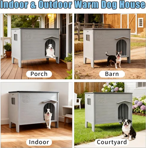 Vista 5 de Casa de perro duradera impermeable de plástico para interiores y exteriores, casa de perro exterior con ventana lateral y piso elevado, fácil
