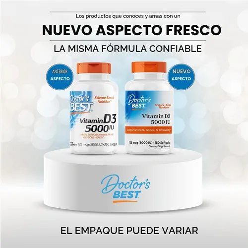 Vista 2 de Doctor's Best Vitamina D3 5000UI, sin OGM, sin gluten y soja, regula la función inmunitaria, favorece huesos saludables, blanco, sin sabor, 180
