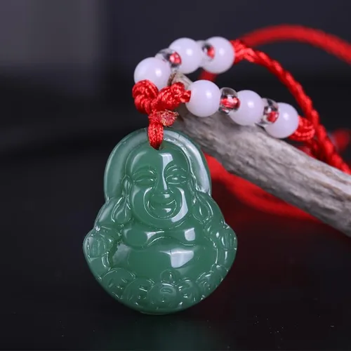 Vista 4 de FORUBUS Collar con colgante de cuerda roja con círculo de Buda de jade verde, amuleto tradicional chino para suerte y protección