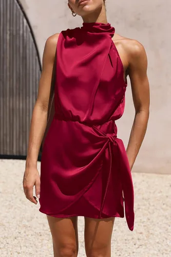 Vista 8 de PRETTYGARDEN Vestido corto formal de satén para mujer, vestido de verano sin mangas con cuello alto falso, lazo en la cintura, vestidos de fiesta