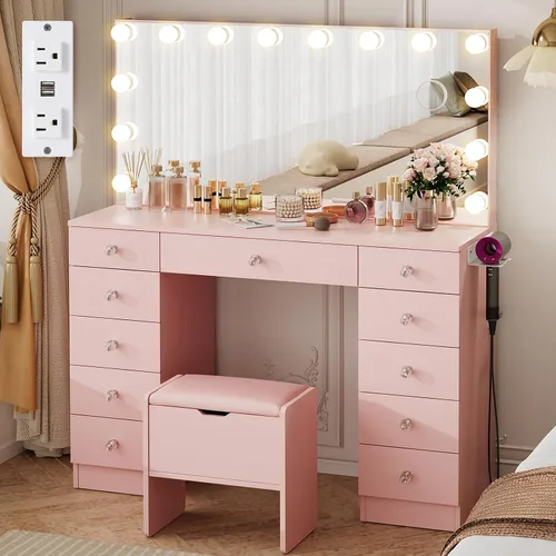 Vista 8 de VOWNER Tocador con espejo iluminado - Escritorio de maquillaje con luces y 11 cajones, 3 modos de iluminación de color con brillo ajustable