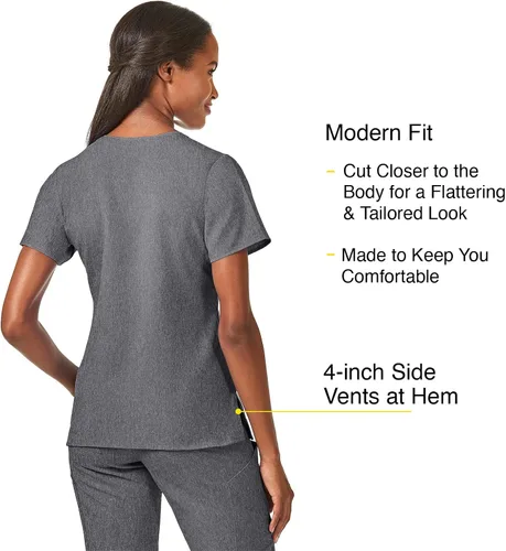 Vista 4 de WonderWink Top estilizado con cuello en V para mujer, Gris Carbón jaspeado