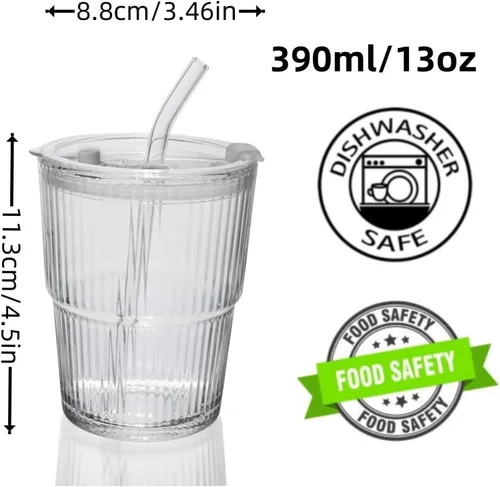 Vista 2 de QWEZXO Vaso de vidrio para café helado de 13 onzas/13.5 fl oz, taza de vidrio de agua de pared gruesa, taza de té con popote y tapa sellada