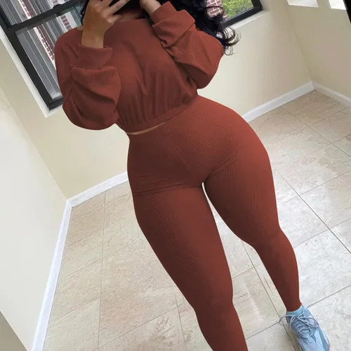 Vista 2 de Conjunto deportivo de 2 piezas para mujer, para otoño e invierno, manga larga, sudadera con pantalones y cuello redondo
