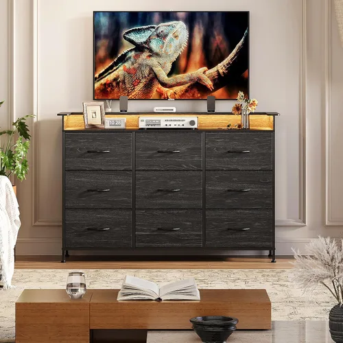 Vista 7 de EXOTICA Cómoda negra con estación de carga, 9 cajones con luz LED y puertos USB, cómoda de tela para dormitorio, pasillo, entrada, armarios, marco
