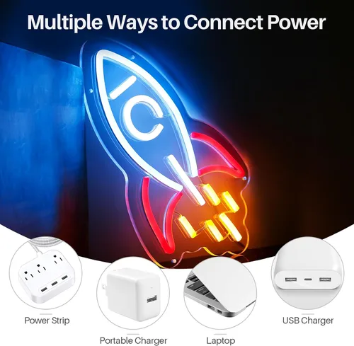 Vista 7 de Letrero de neón de cohete, luz LED de cohete para regalo de niño, letrero de luz regulable con alimentación USB para habitación de niños, sala