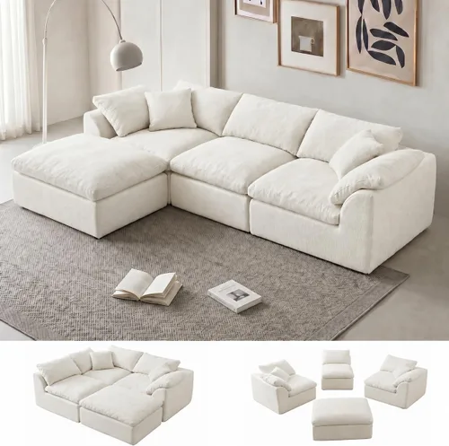 Vista 19 de Sofá seccional de nube sin hueso de 110 pulgadas para sala de estar, sofá modular en forma de L de gran tamaño con otomana, sofá seccional de Gris