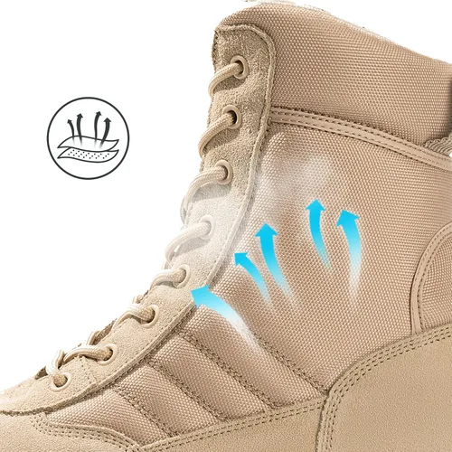 Vista 6 de Botas militares tácticas de trabajo para hombre, de piel negra, impermeables, para motocicleta, combate, militar, con cremallera lateral
