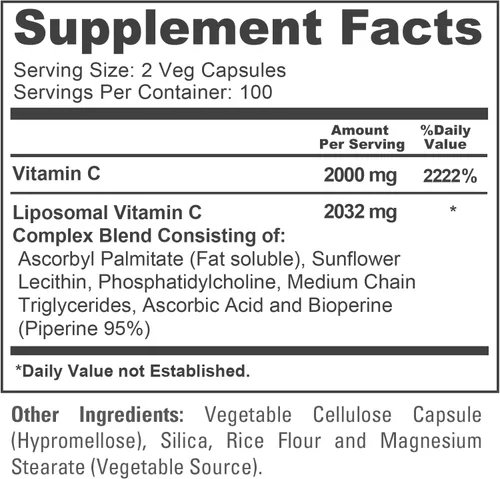 Vista 4 de Vitamina C liposomal, sin OMG, vegana, 2032 mg, 200 cápsulas vegetales - 100 porciones Dietary Supplement Formula, High Absorption Ascorbic Acid &