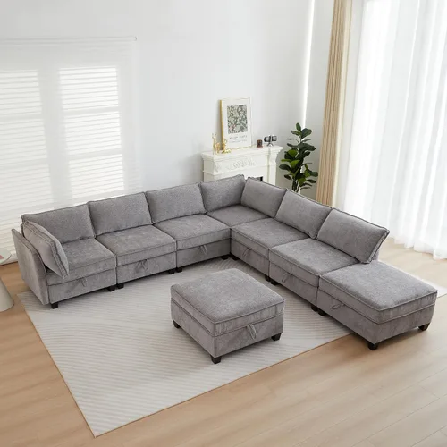 Vista 16 de ORRD Juego de sofá modular esquinero de gran tamaño, sofá convertible en forma de L con almacenamiento, sofá modular de 8 plazas con otomanas y Beige