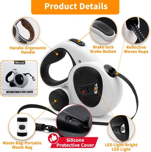 Vista 12 de Correa retráctil para perro con luz LED recargable por USB, correa resistente de 16 pies con soporte para bolsa de excrementos y cable a prueba