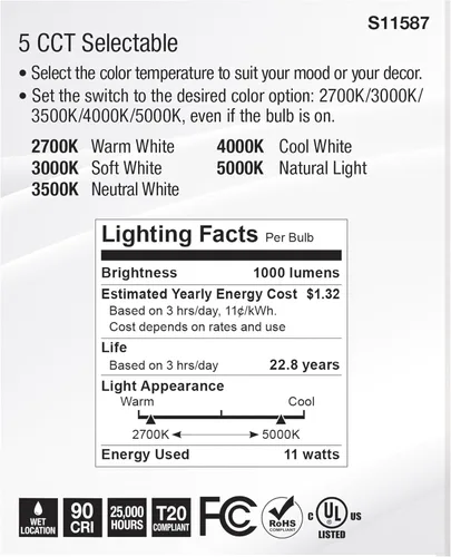 Vista 6 de Satco S11587 (12 unidades) 11 vatios PAR30LN bombillas LED reflectoras E26 base media CCT Select 2700K-5000K 1000 lúmenes 120 voltios 60 haz