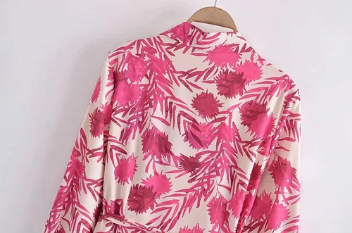 Vista 3 de Vestido midi de moda con cinturón y estampado floral para mujer, vestido vintage de manga larga, cuello de solapa
