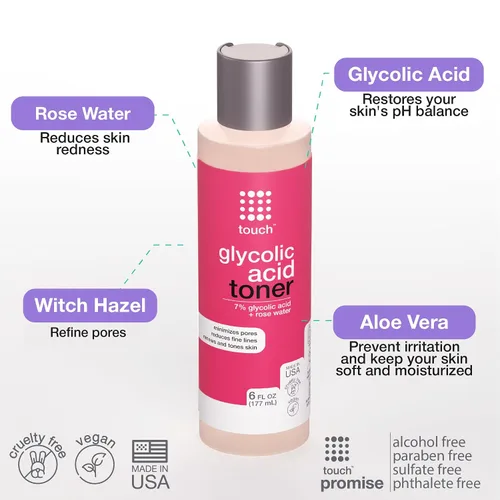 Vista 3 de Tónico de ácido glicólico al 7% con agua de rosas, hamamelis y gel de aloe vera, tónico facial exfoliante AHA sin alcohol ni aceite, mejora